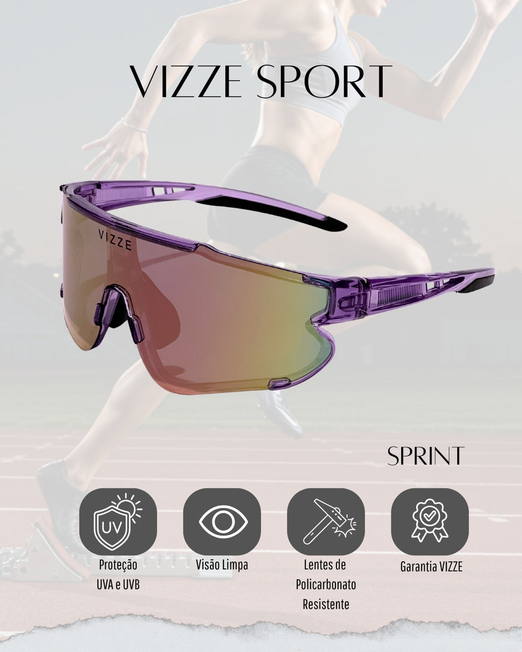 Óculos de Sol Esportivo Baixa Pace VIZZE Sprint UV400 Ciclismo Corrida Bike Beach Tennis