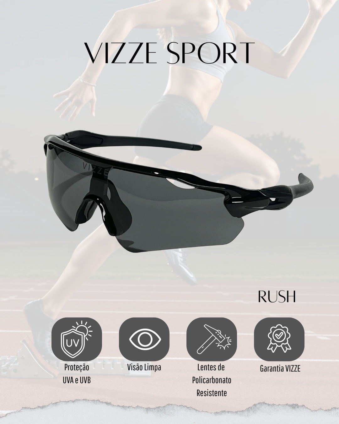Óculos de Sol Esportivo Baixa Pace VIZZE Rush UV400 Ciclismo Corrida Bike Beach Tennis